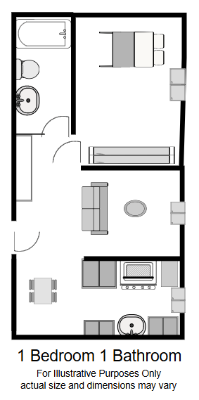Floor plan for 1 bed, 1 bath, 544 sqft